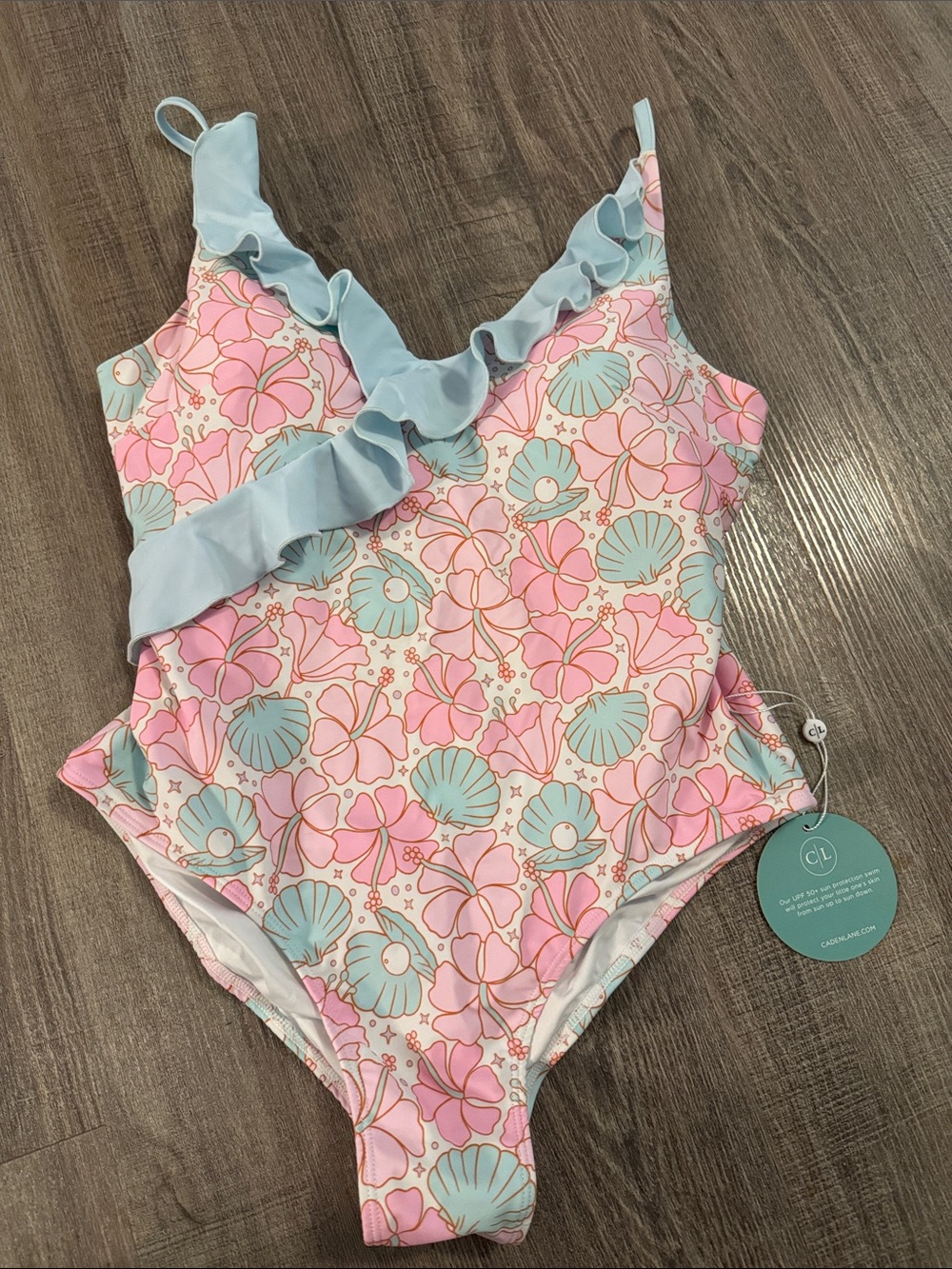 Caden Lane Pink and Light Blue Seashell Floral Ruffle One-Piece